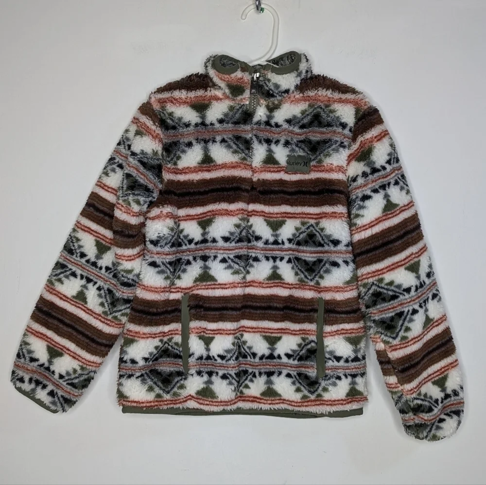 NWT Hurley White Brown Green 1/3 Zip Fleece Pullover Jacket Small 6/7